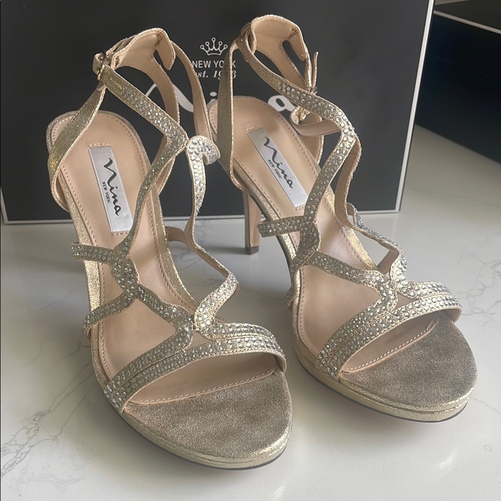 Nina Gold Strappy Women's Heels, NEW